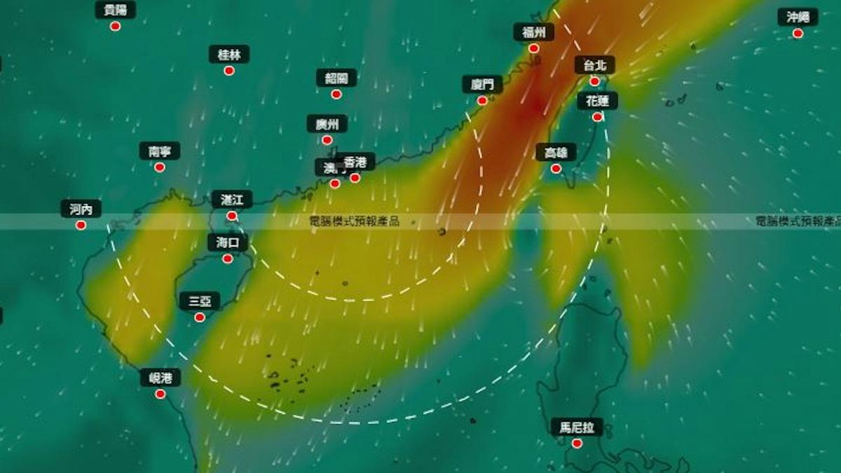 伏羲AI則預測該熱帶氣旋會進入本港800公里範圍,但結構鬆散,路徑與風力略有不同。(圖/翻攝自伏羲AI天氣模式)