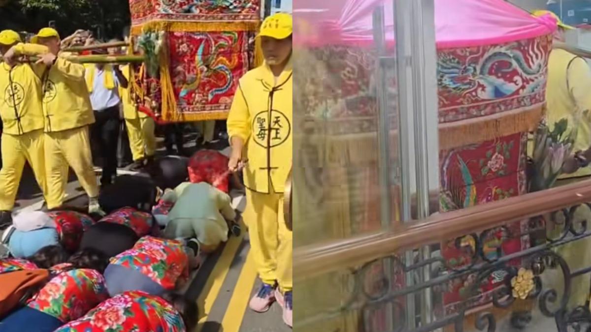 竹北吊車大王一家鑽轎底祈求平安。（圖／翻攝自胡漢龑臉書）
