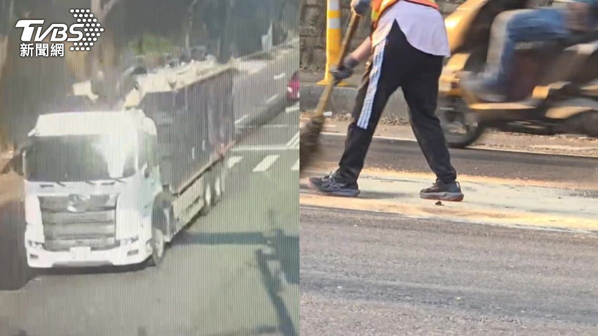貨車載的貨物滴油，造成3名騎士摔傷。（圖／TVBS）