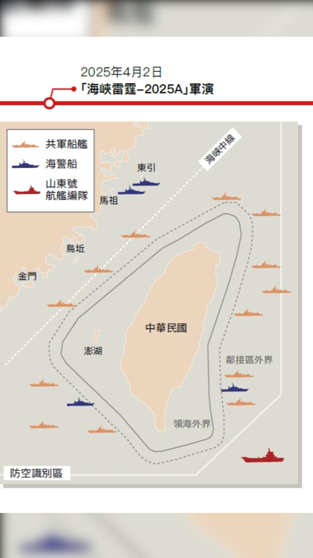 今年四月,中共對台發動的「海峽雷霆-2025A」演習,態勢顯示已將隔離或封鎖台灣,列為施壓重點手段之一。(圖/國防部)