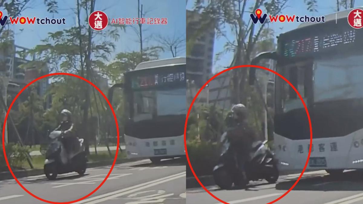 疑躲太陽占右轉專用道!遭公車追撞機車倒地,騎士怒拍窗。(圖/翻攝自WOWtchout)