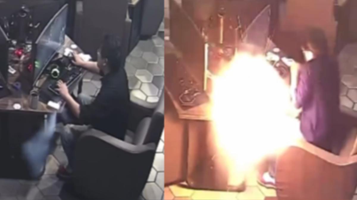 打咖行動電源突爆炸!燒成火球煙狂竄 補教老師嚇到彈起