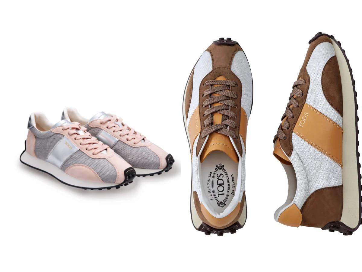 (台灣限定款) TOD'S T VINTAGE銀粉色、米棕色休閒鞋，NT.34,100。（圖／翻攝自TOD’S）