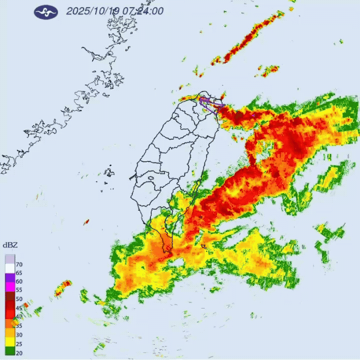 針對「台北市、新北市、宜蘭縣」發布大雷雨即時訊息，持續時間至09時00分止。（圖／氣象署）