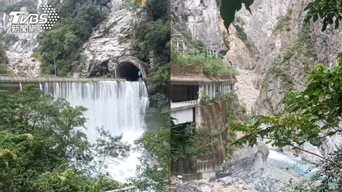 燕子口地區邊坡坍塌，土石阻斷立霧溪形成堰塞湖。（圖／TVBS）