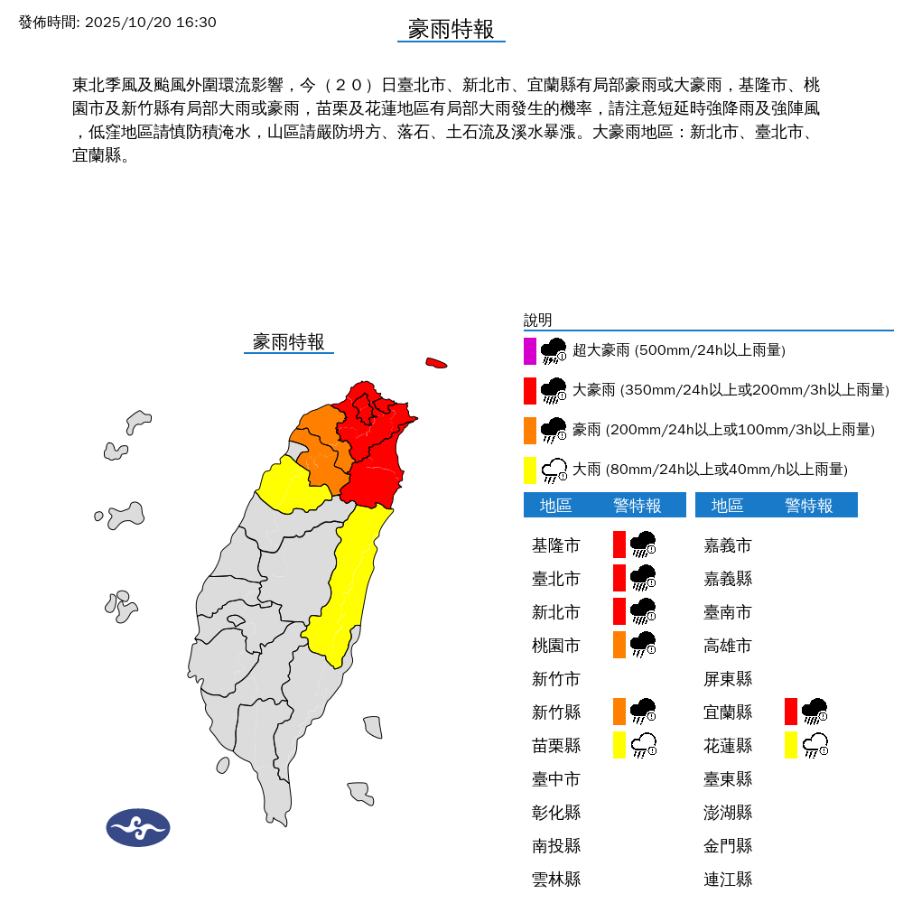 氣象署指出,新北市、台北市、宜蘭縣為大豪雨發生地區。(圖/氣象署)