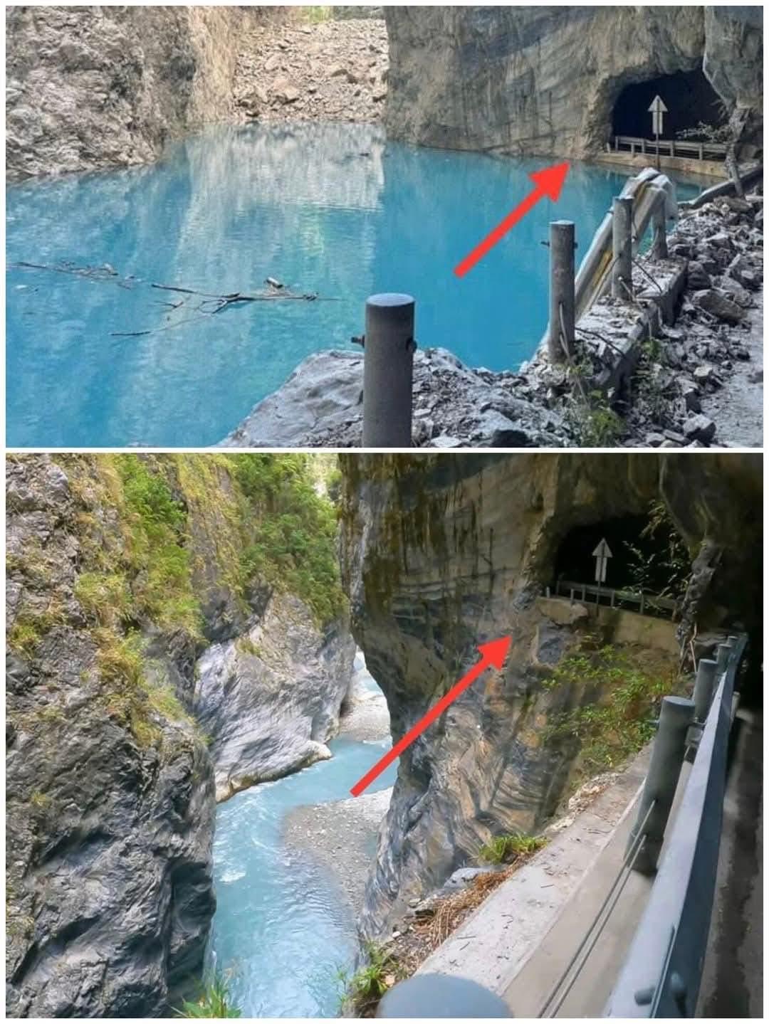 (太魯閣燕子口堰塞湖的前後對照圖,上圖為現在水位、下圖為過去水位。圖/今日花蓮臉書)