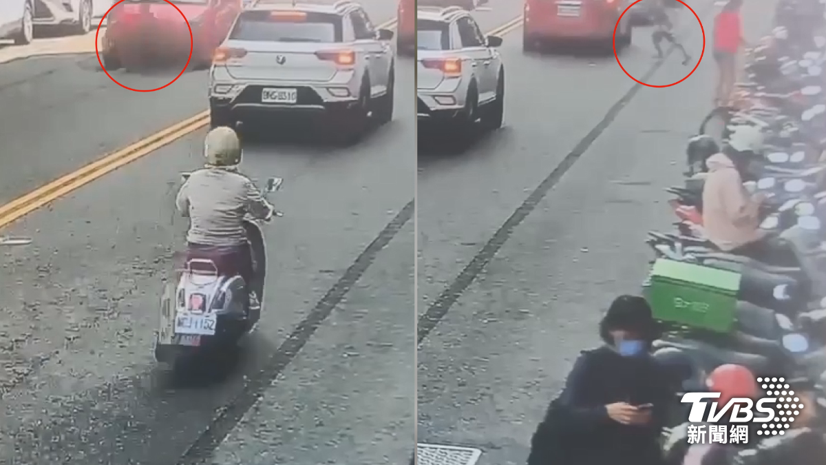 學童快步穿越,結果穿越雙黃線就有一台車子迎面撞上,幸好雙方只有輕微碰撞,虛驚一場(圖/TVBS)
