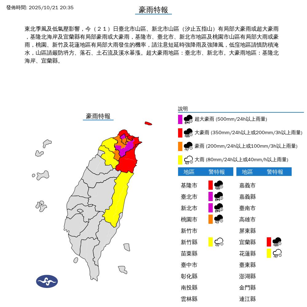 氣象署針對7縣市發布豪雨特報。(圖/中央氣象署)