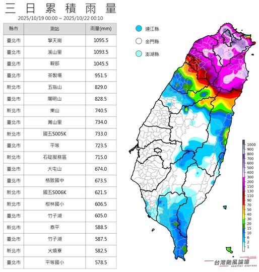 19日至今日的累積雨量。(圖/翻攝自中央氣象署官網)