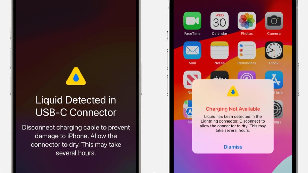 若iPhone進水，手機會跳出提醒，並無法進行充電和連接配件。（圖／翻攝自蘋果官網）