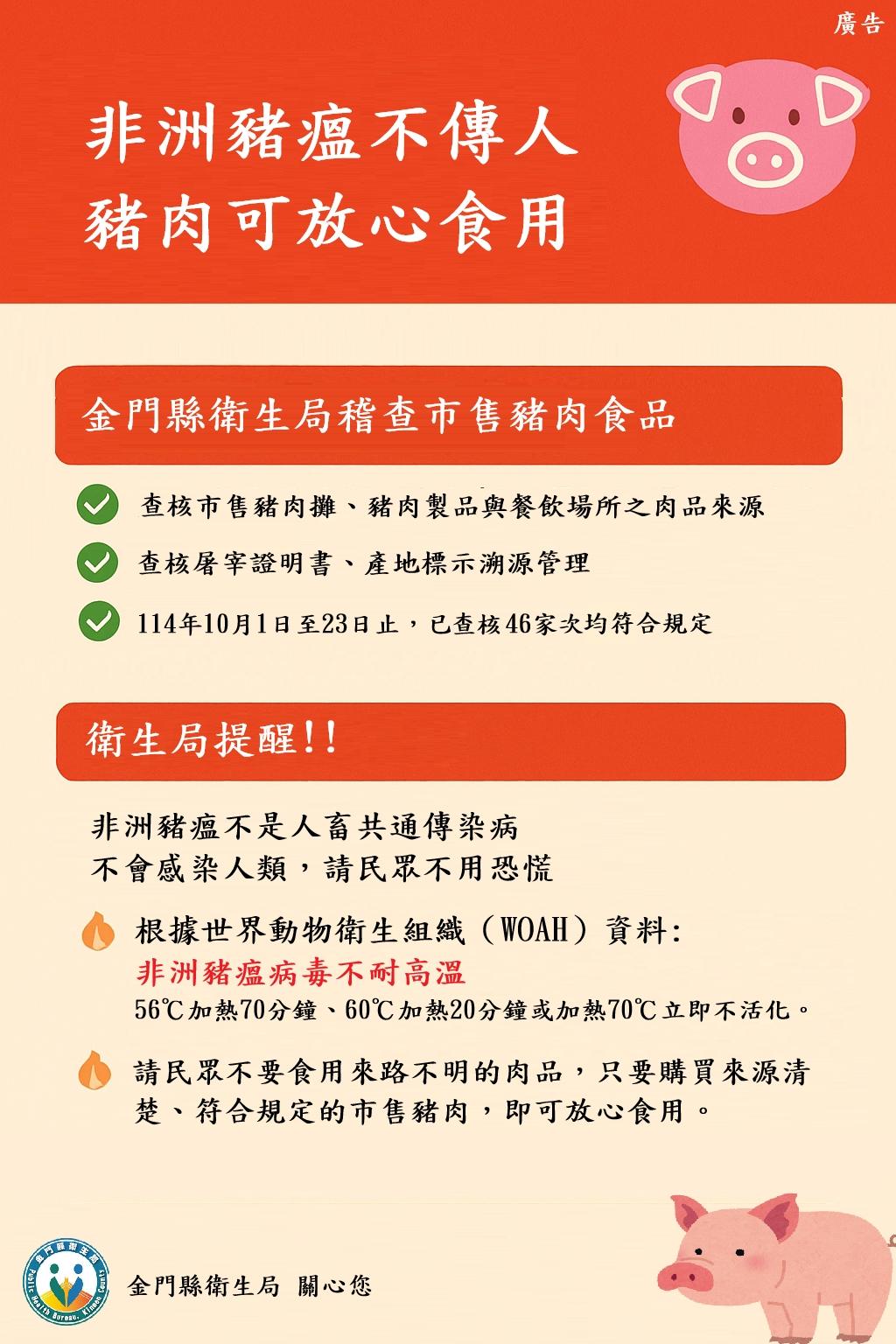 根據世界動物衛生組織資料,非洲豬瘟病毒不會感染人類。(圖/金門縣衛生局提供)