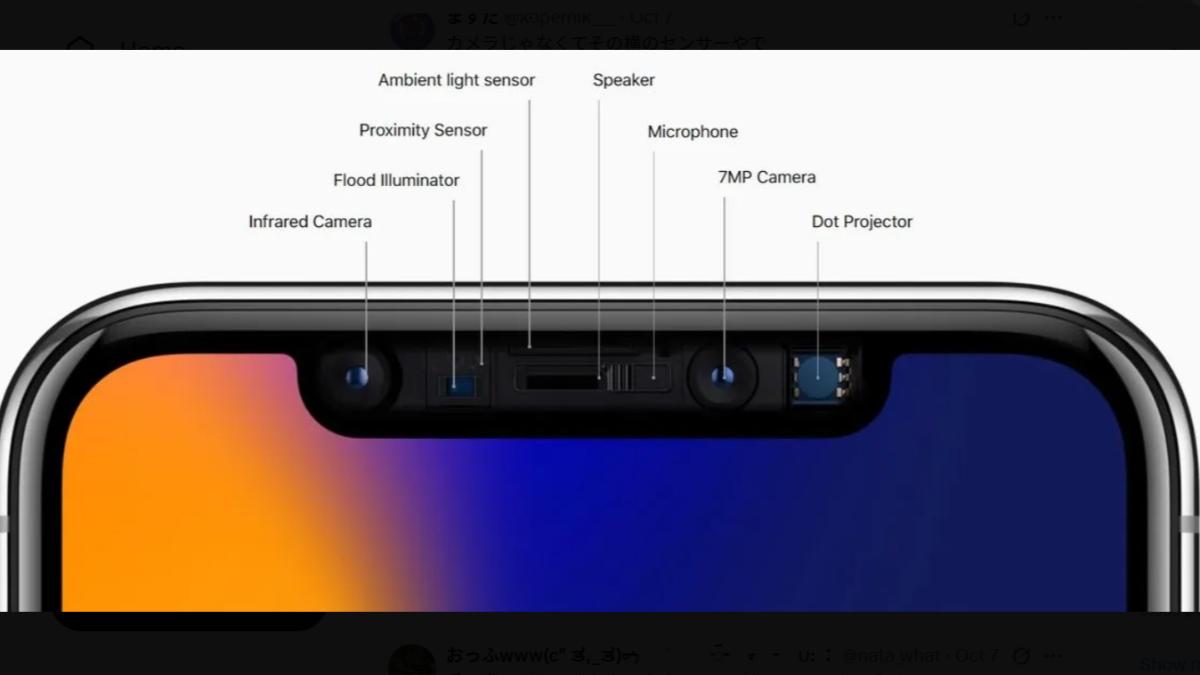 iPhone頂部有一組由多個元件構成的Apple TrueDepth相機系統。(圖/翻攝自X@DrawithGimel)
