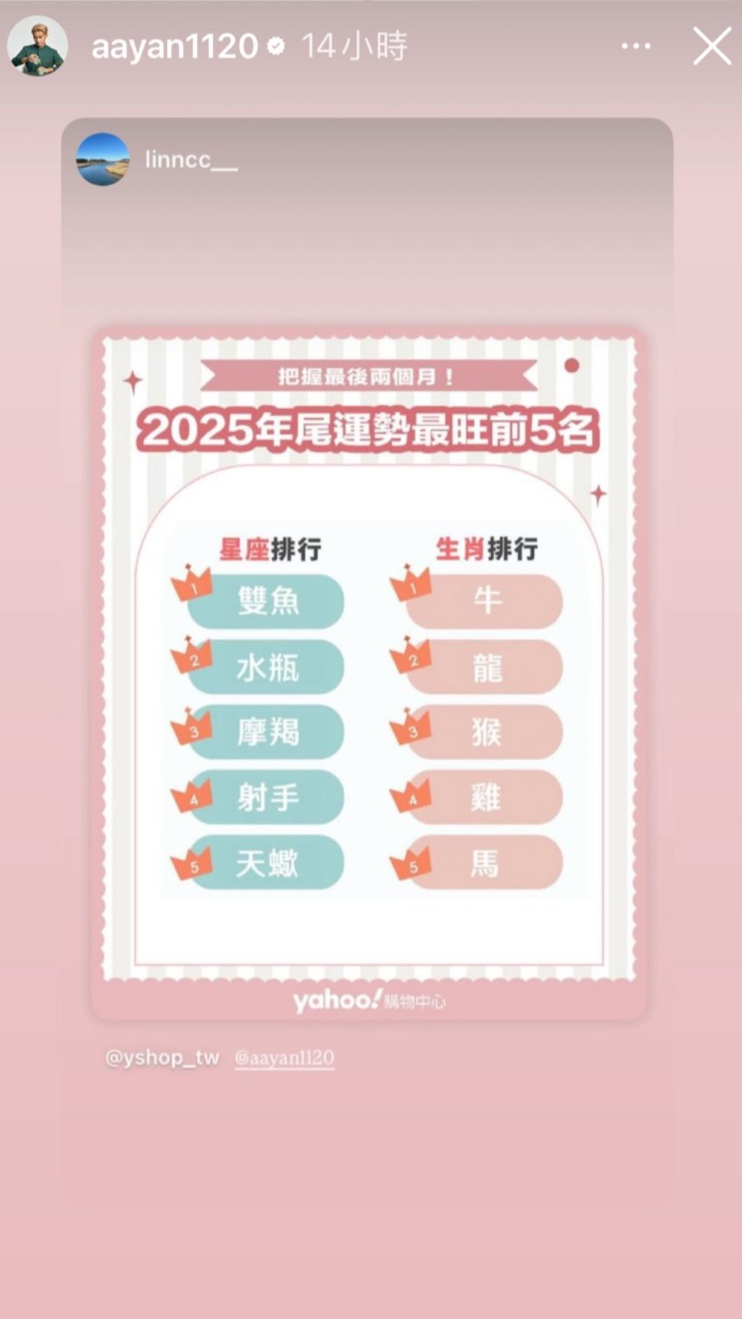 炎亞綸不在意網友的閒言碎語,分享年尾運勢排行榜。(圖/翻攝自炎亞綸IG)