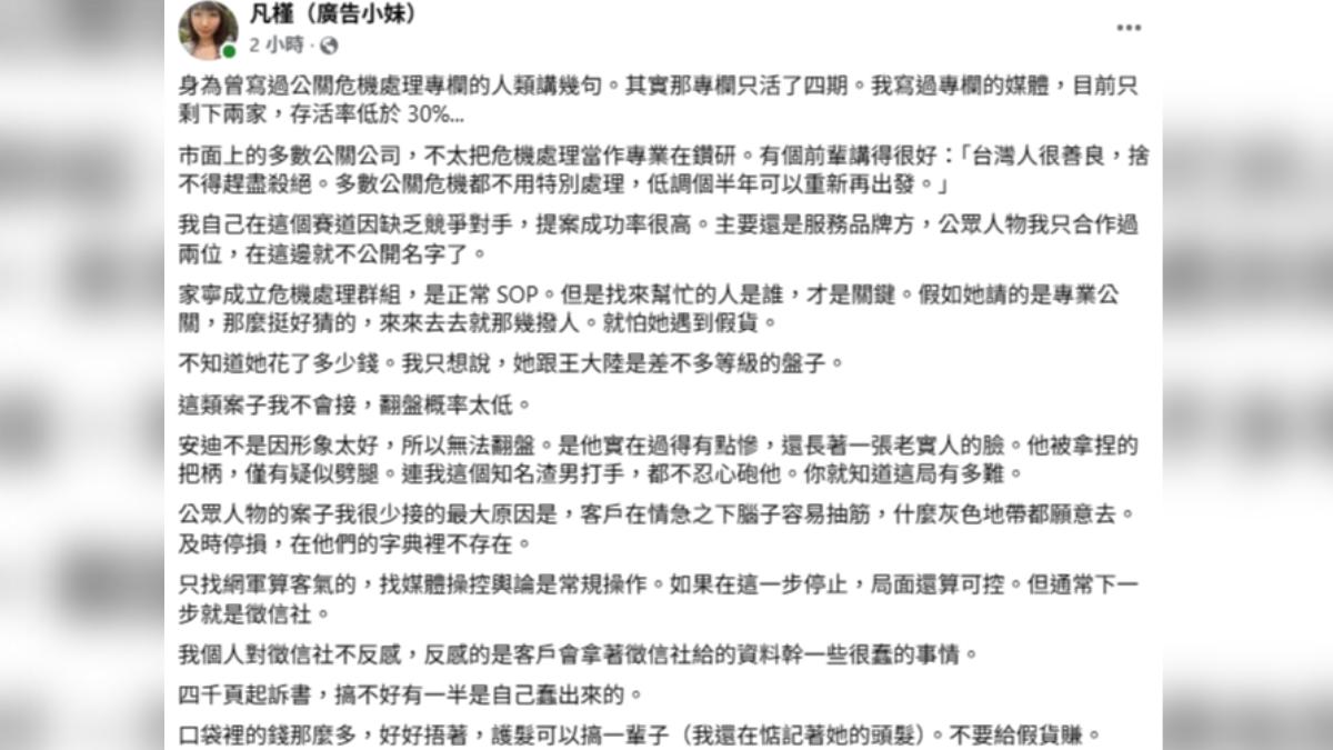 「廣告小妹」凡槿發文指出家寧難以翻盤的原因，更直言「四千頁起訴書，搞不好有一半是自己蠢出來的」。（圖／翻攝自凡槿（廣告小妹）臉書）