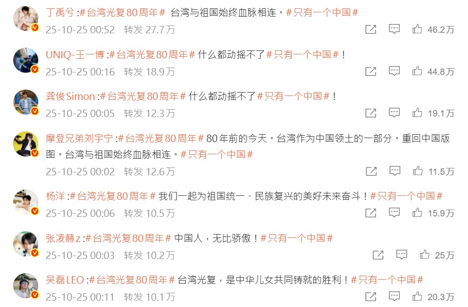 大批藝人轉發台灣光復80周年貼文。（圖／翻攝自央視新聞微博）