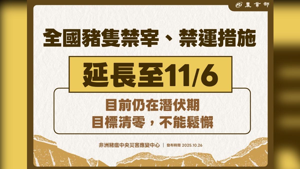 國內豬隻禁運禁宰令延至11/6。（圖／農業部提供）