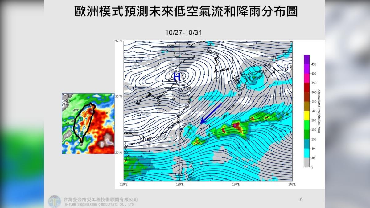 歐洲模式預測未來低空氣流和降雨分布圖。（圖／翻攝自賈新興臉書粉專）