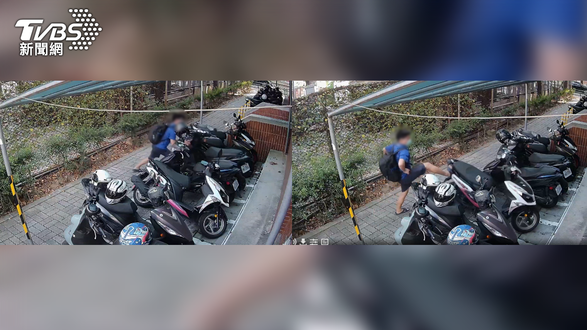 專挑貴車!藍衣男在高科大校內連續踹倒逾20部機車,學生:警衛呢?(圖/TVBS)
