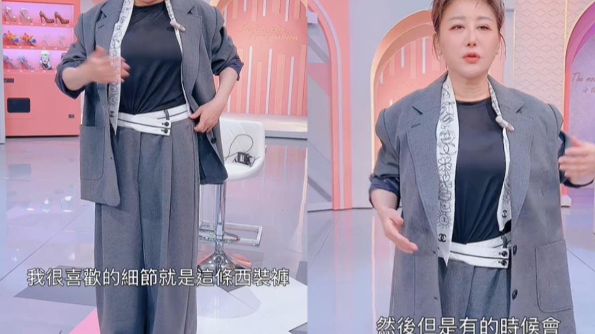 藍心湄示範灰色西裝套裝,SO NICE X Shuling 速玲聯名推出的西裝寬褲。(圖/翻攝自IG@womanqueen42)