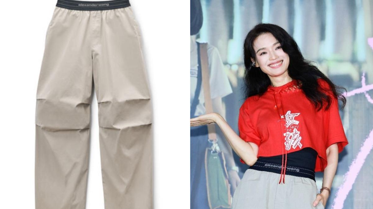 舒淇身穿紅色短踢搭配 Alexander Wang 的卡其拼接工裝寬褲。(圖/趙世平攝、 Alexander Wang官網)