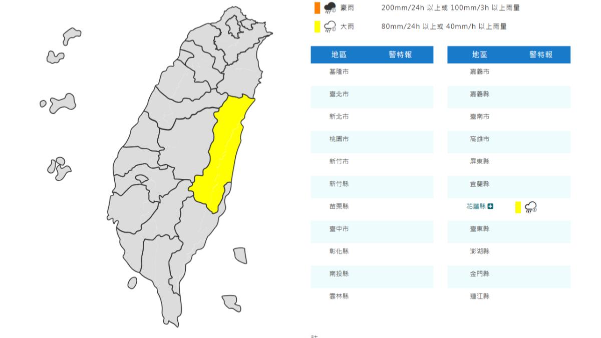 天氣/對流旺盛!花蓮大雨特報 氣象署:注意山區落石
