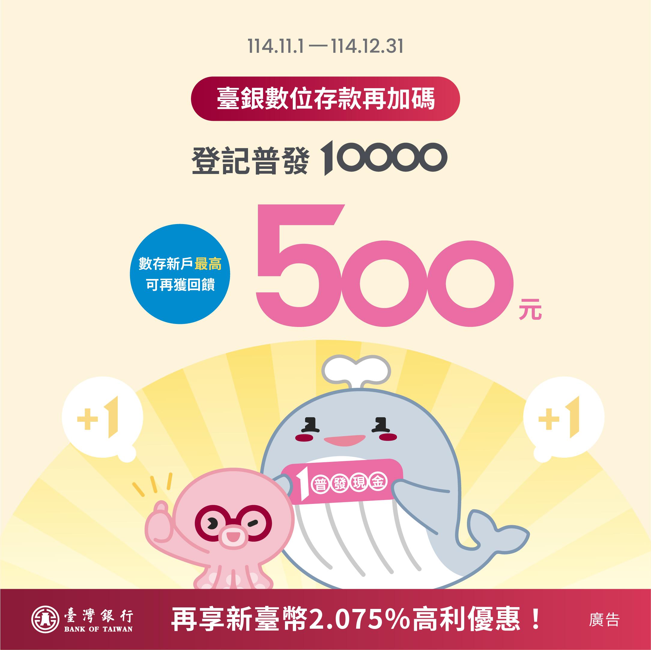 普發一萬現金，民眾以台銀帳戶作為匯入帳戶，完成指定任務，最高可享500元回饋金。（圖／台銀提供）