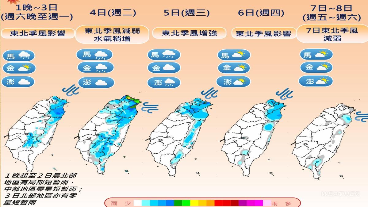 東北季風影響，今明北部地區有局部短暫雨。（圖／中央氣象署）