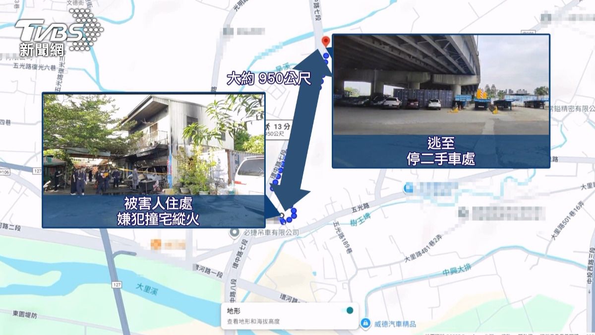嫌犯在台中烏日五光路上涉嫌縱火後,開其它廂型車到900多公尺外停放 。(圖/警方提供)