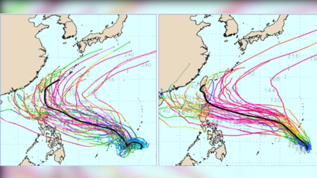 最新(3日20時)歐洲(ECMWF左圖)及美國(GEFS右圖)系集模式模擬皆顯示,另一熱帶系統的系集平均路徑在台灣附近北轉,不確定性很大。(圖/翻攝自財團法人氣象應用推廣基金會、擷自weathernerds)