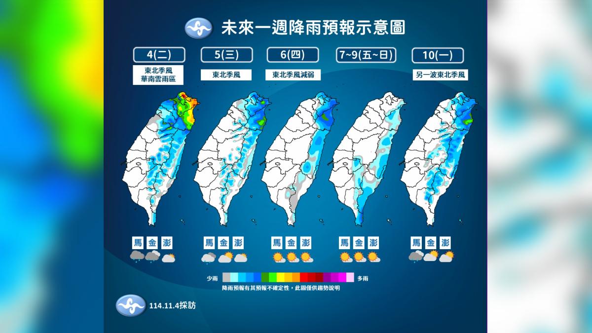 週四開始東北季風將減弱，降雨會減少，氣溫也將回升。（圖／氣象署提供）