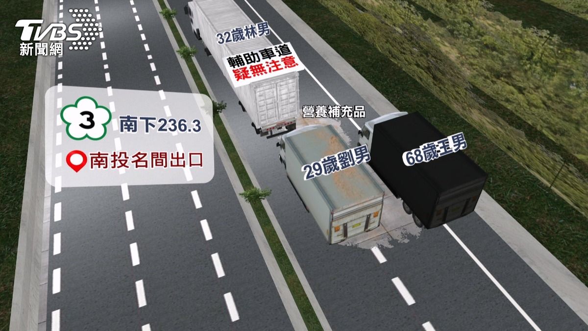 國道三號驚魂！聯結車猛撞路肩車　營養品灑滿車道。(圖／TVBS) 