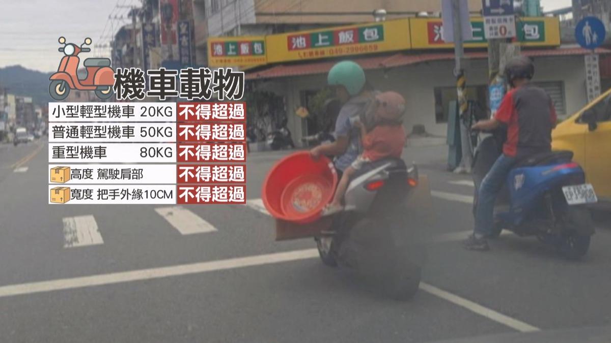 載物的高度不得超過駕駛人肩部,寬度不得超過把手外緣10公分。(圖/民眾提供)
