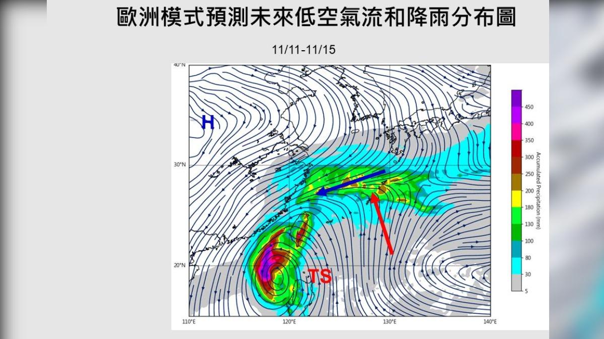 歐洲模式預測未來低空氣流與降雨分布。(圖/臉書@賈新興)
