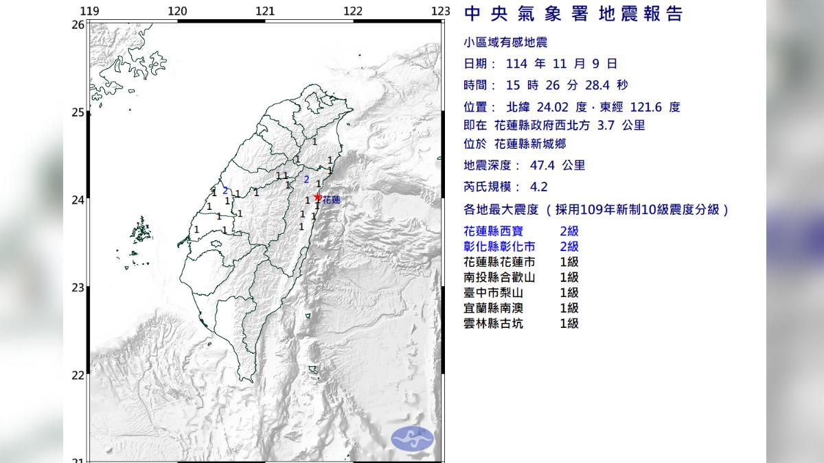 花蓮發生地震。（圖／氣象署）