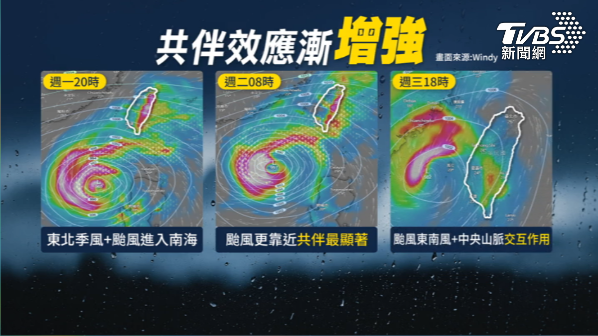 鳳凰外圍環流和東北季風影響,週二共伴效應最劇烈。(圖/TVBS)
