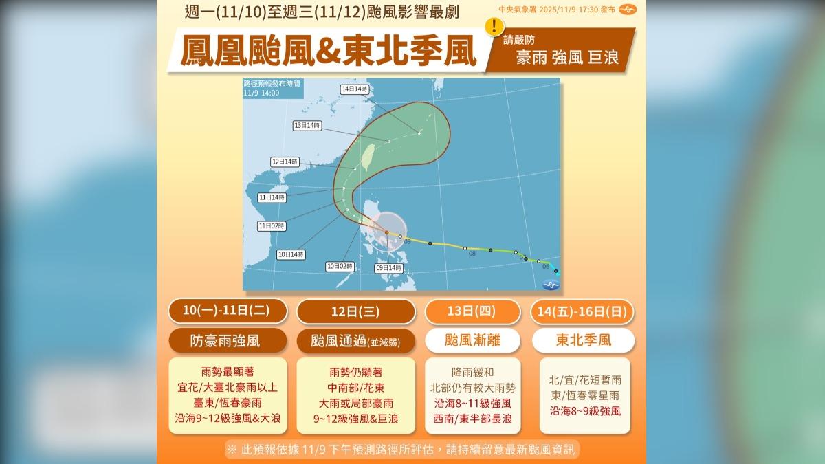 明天至週三為颱風影響最劇烈的時候。(圖/中央氣象署)