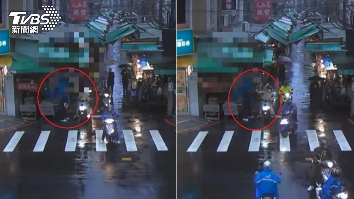 陳男亂彈菸頭被勸阻，竟當街持雨傘攻擊女騎士。（圖／TVBS）