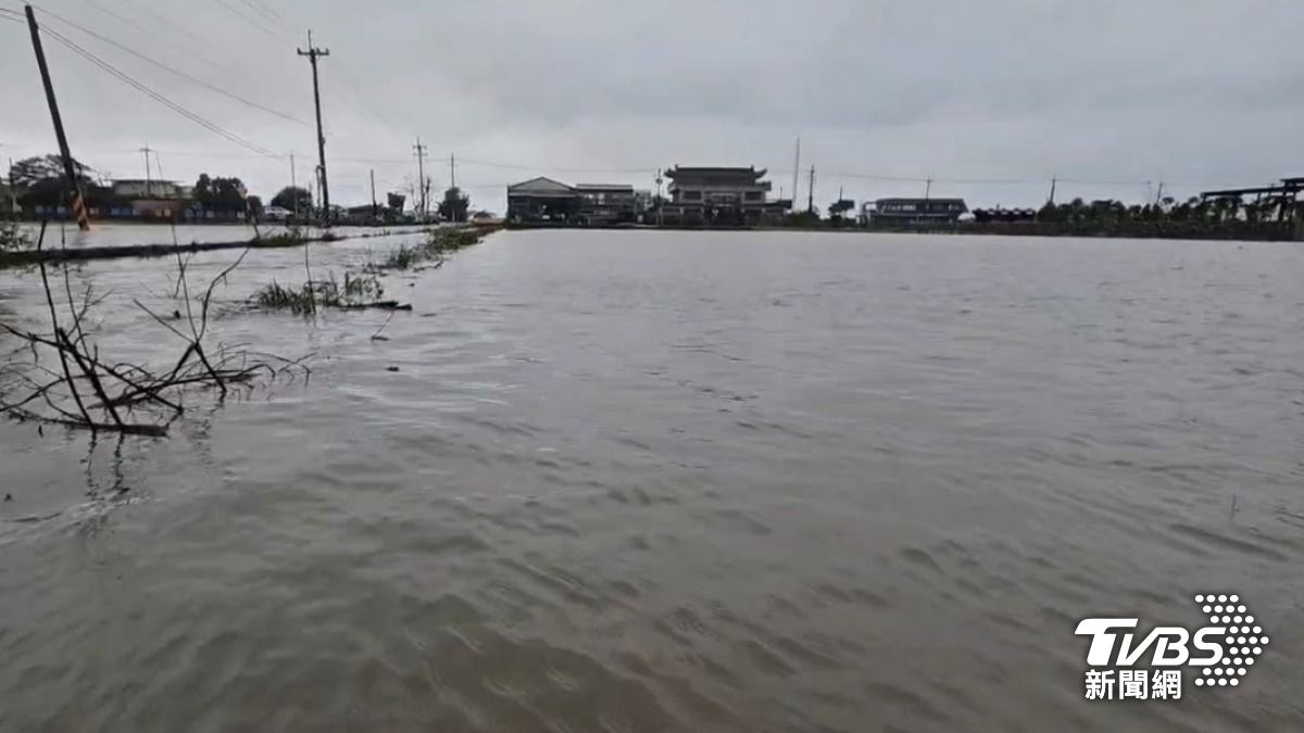 宜蘭壯圍美福地區農田淹至路面。(圖/TVBS)