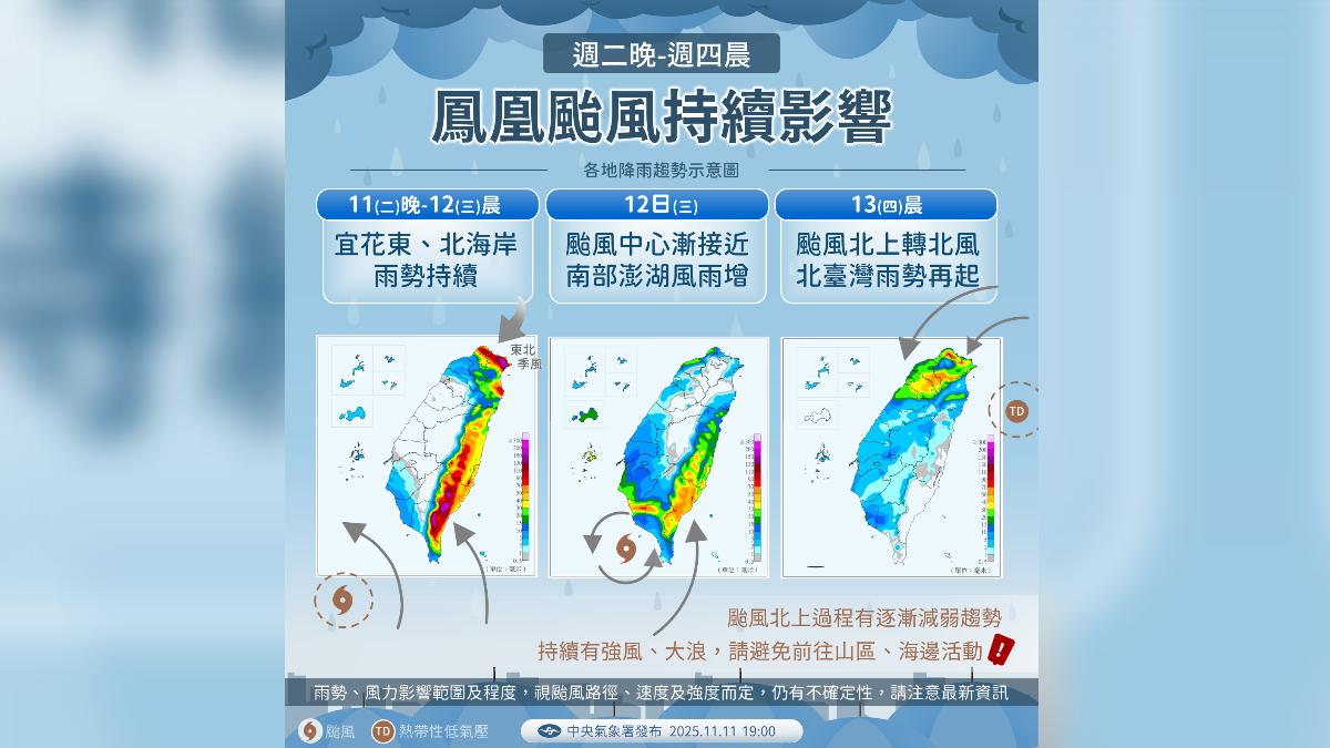 鳳凰颱風持續影響台灣,尤其宜花東、北海岸雨勢持續。(圖/中央氣象署)