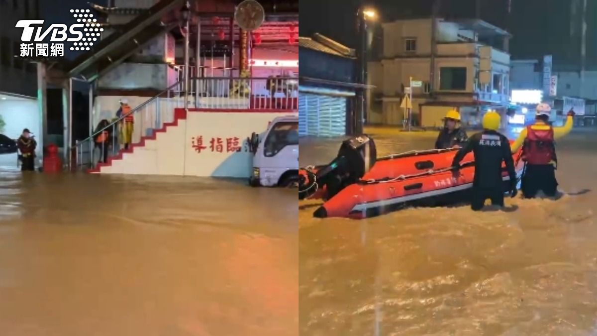 蘇澳淹水嚴重,救生艇出動救災。(圖/記者簡大程、顏聖芬攝)