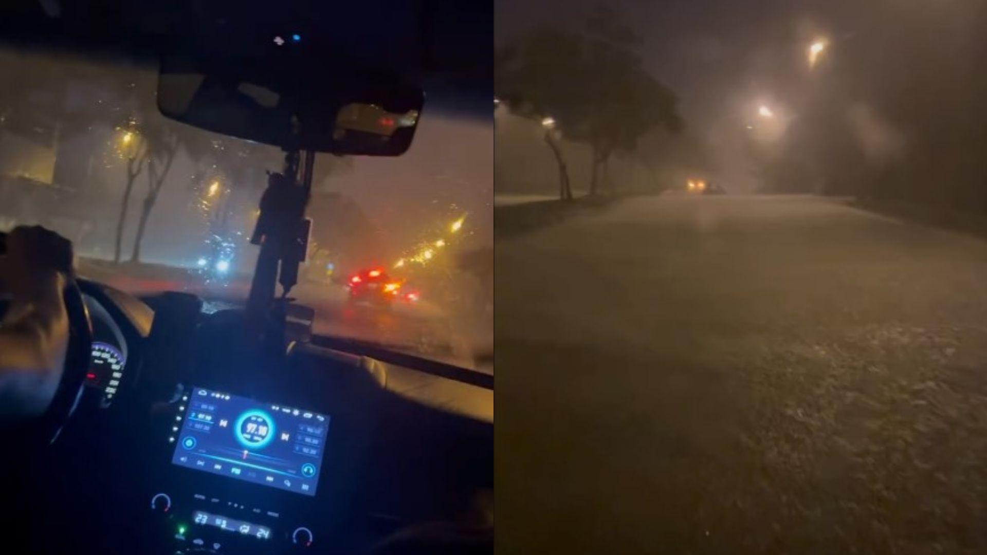 宜蘭暴雨路面變河流。(圖/網友@yliiz._授權提供)