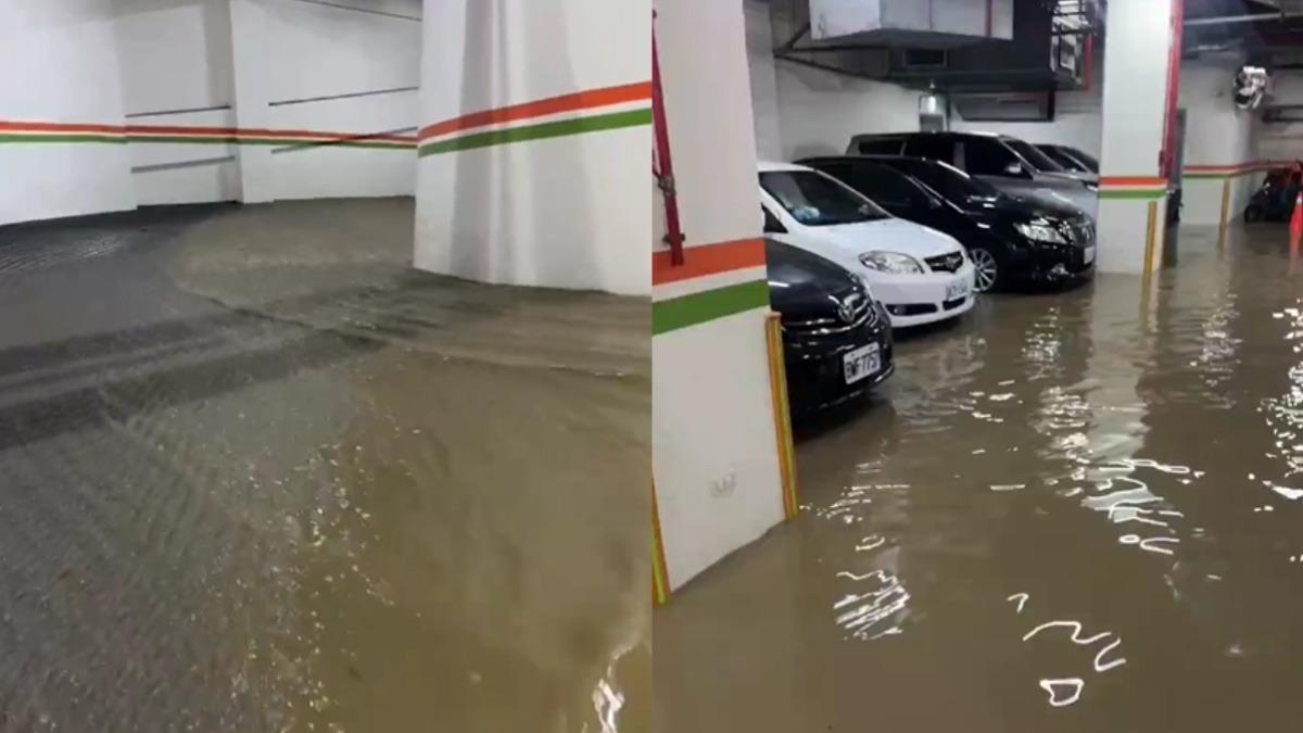 豪雨灌宜蘭蘇澳，煙波大飯店地下室淹水車慘泡湯。（圖／遊客授權提供）