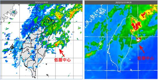 今晨雷達回波圖顯示,鳳凰的殘餘環流在花蓮外海,紅外線雲圖則顯示,中高雲在台灣,變性過程進行中。(圖/翻攝自洩天機教室)