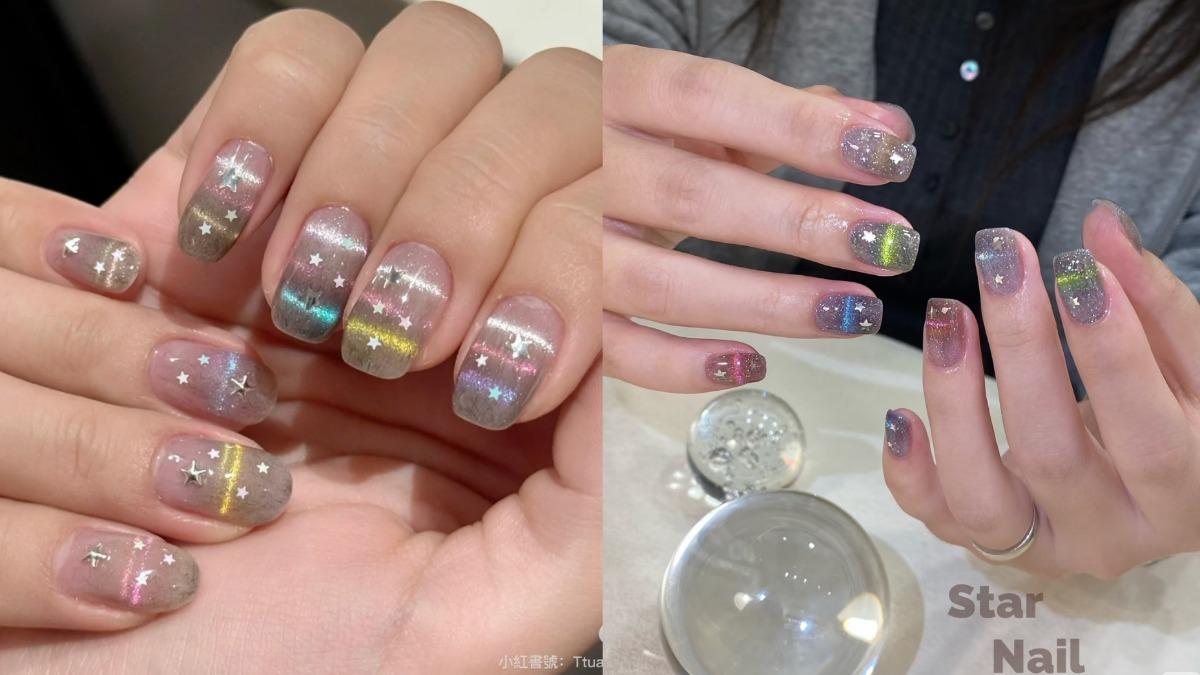 星空色海馬毛條紋美甲。（圖／翻攝自＠飯團子、＠Star Nail星星歐尼小紅書）