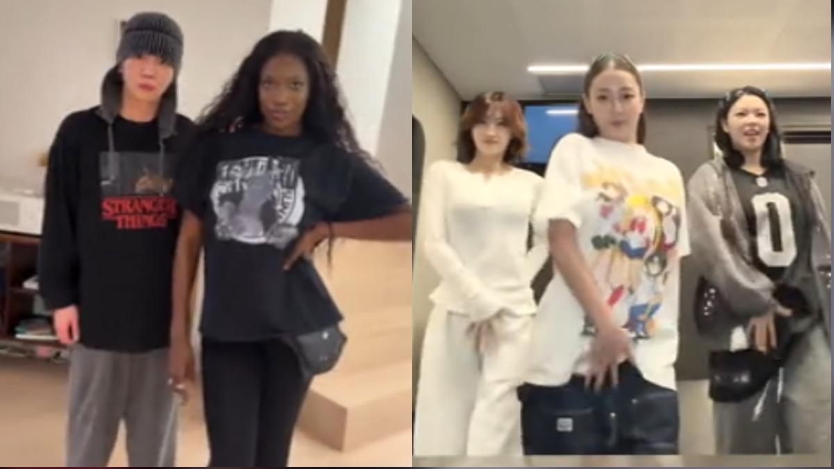 美國舞者Kany(左二)學韓文即興哼唱及編舞,在韓國娛樂圈掀起熱潮。(圖/翻攝Kany IG、TWICE YT)