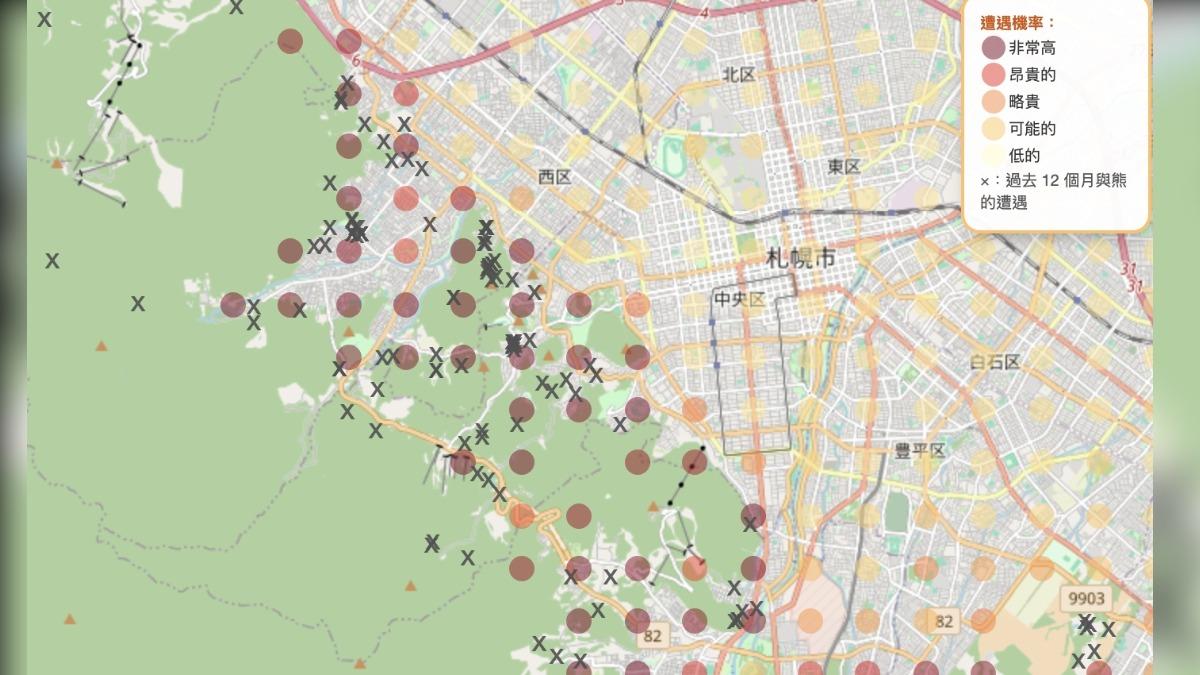 東京上智大學研究團隊開發出「熊出沒風險AI預測地圖」。(圖/翻攝自熊出沒風險AI預測地圖)