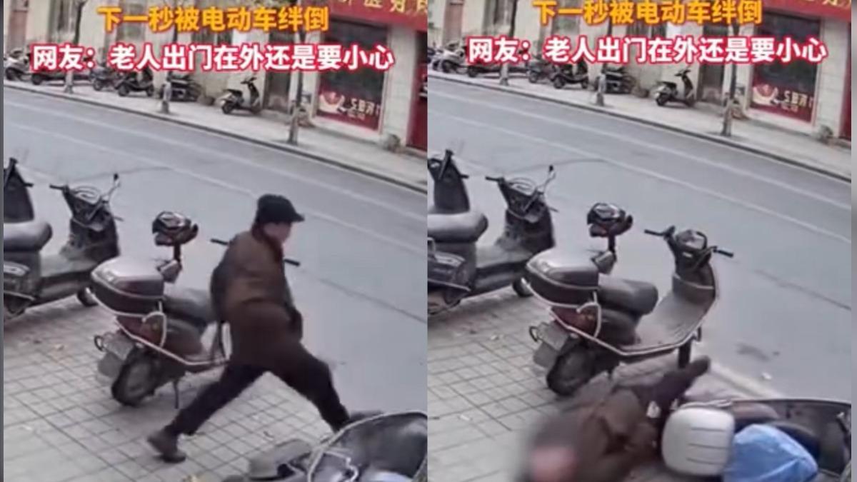 踢機車反自摔?陸老翁「踹車畫面曝」 網熱議︰現世報來太快