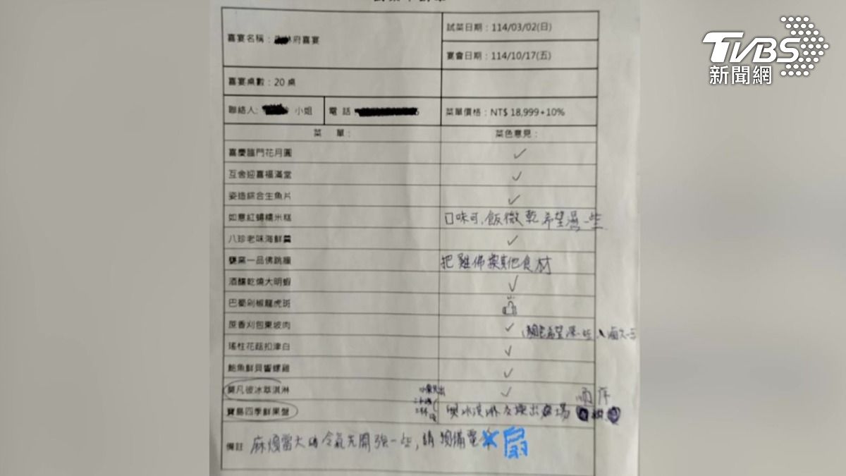 試菜單明確寫下,紅蟳糯米糕要濕一點,以及冷氣強一點、預備風扇,新人控訴當天全跳票。(圖/TVBS)