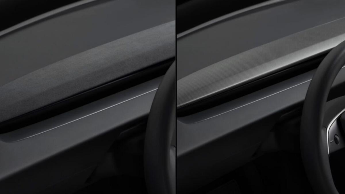 Model 3煥新版、全新Model Y儀表台飾板也能改為霧灰色麂皮、碳纖維材質。(圖/翻攝自Tesla線上商店)